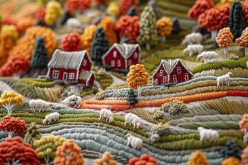 close-up macro photo shot of embroidery Scandinavian village. Beautiful landscape with mountains, volcanoes, ocean, Scandi houses, Nordic culture. Original handmade decor, mild colors