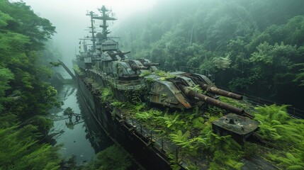 Abandoned military battle ship debris with green plants growing. Post apocalypse scene.