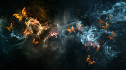 Illuminating shinning glowing beautiful butterfly over dark background.