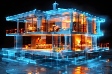 Obraz premium Futuristic Smart Home Design Digital Blueprint Concept for Modern Architecture and Interior Design