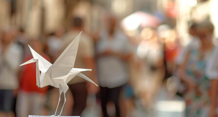 An origami heron stands out in a bustling city scene, its delicate wings seemingly ready to take flight