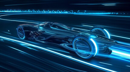 A sleek, futuristic car speeds through a neon-lit track, leaving vibrant blue light trails in its wake.