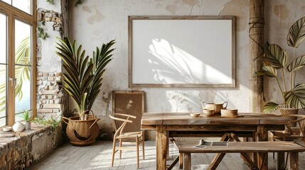 Frame mockup in nomadic boho kitchen interior with rustic decor