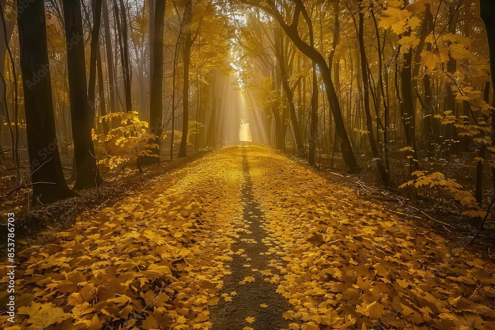 Poster enchanted forest path covered in golden autumn leaves, illuminated by soft sunlight filtering throug