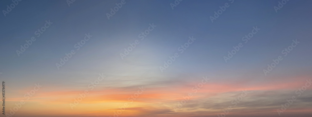 Wall mural panorama of beautiful sunset sky, cloud and sun light, nature weather background