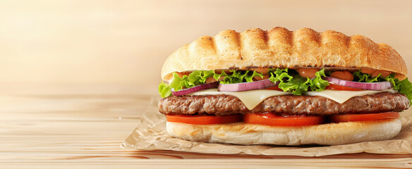 large sandwich with one beef patty, lettuce and tomato on the side of it, isolated against beige background, with copy space