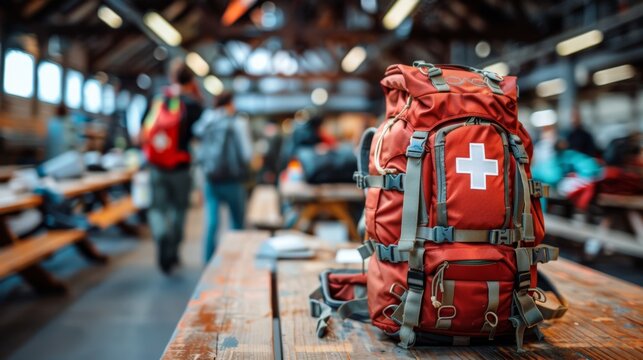 A red first aid kit backpack sits on a wooden table, ready to be used for emergencies on World First Aid Day