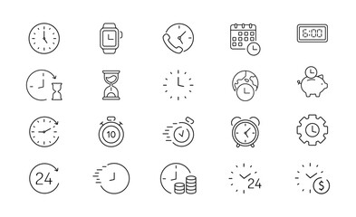 Time and clock concept vector linear icons set. Timer, alarm, calendar,  time, stopwatch, hourglass, and more. Collection of time Vector icons.