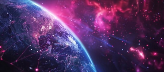 Obraz premium Abstract digital planet Earth with glowing connections lines on a dark purple background
