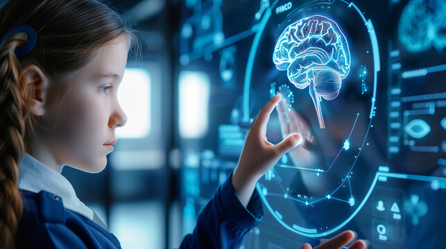 Curious school girl in uniform gazing at a holographic brain projection. Futuristic education concept showcasing technology's role in learning - Powered by Adobe