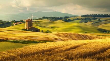 Beautiful scenic view of countryside with traditional windmill