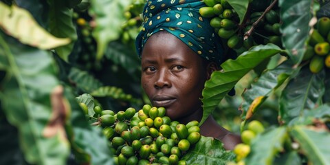A woman holds a cluster of green coffee beans at a Fairtrade Fortnight market event