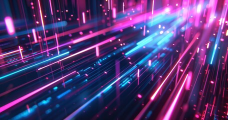 Fototapeta premium Abstract background with neon light lines in motion on a black background. Glowing vertical futuristic tech elements
