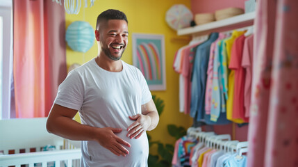 Happy pregnant transgender man standing in a sunlit room, radiating joy and contentment.