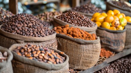 Bags of Fairtrade cocoa beans, almonds, and other treats on display at a vibrant market
