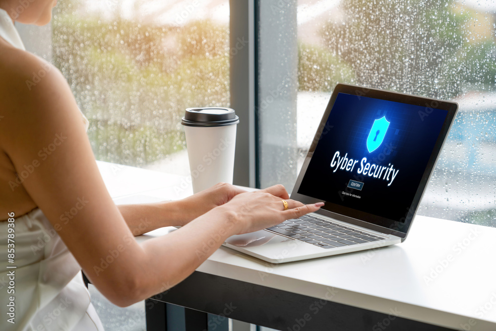 Poster cyber security system on computer screen protect private information snugly from hacker and cyber at