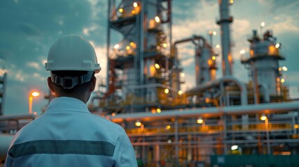Outdoor shot of the back of an engineering manager with a helmet under his arm and a hydrogen power plant in the background.