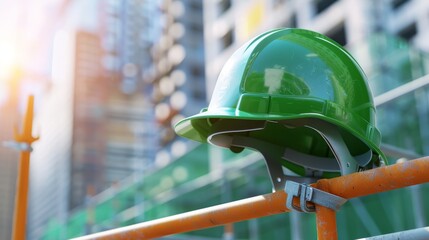 Urban Construction Safety - Green Helmet with Visor on Metal Scaffold in City Environment