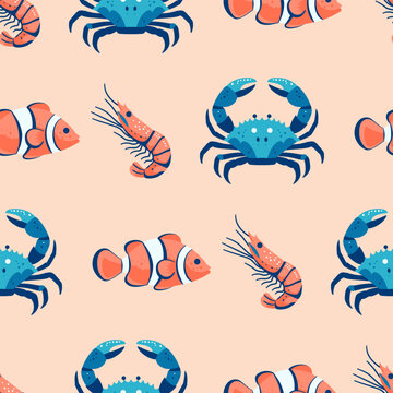 Bezszwowy wz&oacute;r w kraby, krewetki i ryby. Tło w morskim stylu. Ilustracja wektorowa.