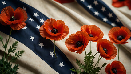 Naklejka premium Red poppy flowers gracefully overlaying the American flag, blending patriotism with beauty.