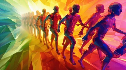 abstract 3d human figures in vibrant colors against a dynamic background digital art composition