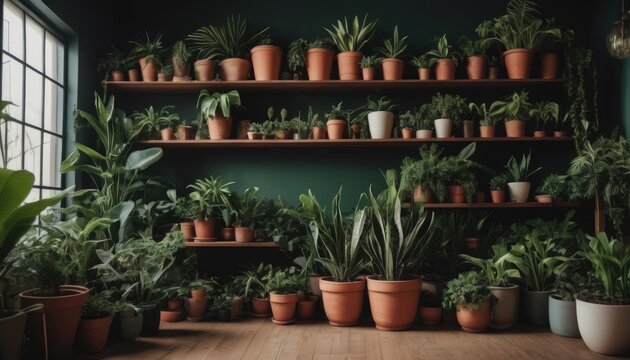 A bright room full of green plants in terracotta pots, showcasing a beautiful indoor garden that brings nature inside