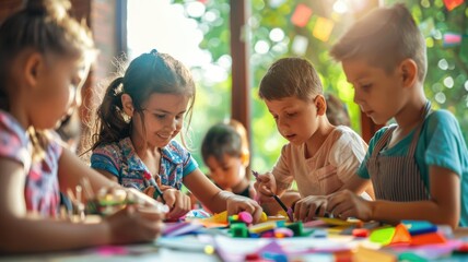 Happy elementary student playing and working together on project in art lesson or craft class while sitting at table with art materials scattering around. Student attend in creative class. AIG53F.