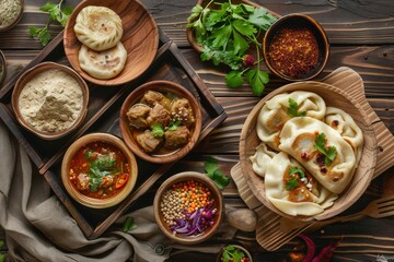 Asian Dishes Set, Azerbaijani Dumplings Giurza with Lamb Meat and Mutton Fillet in Ceramic Bowls