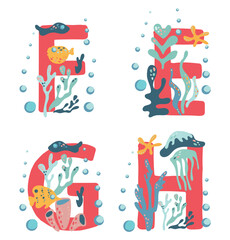 Coral capital letters F, E, G, H, decorated with algae, corals and inhabitants of the underwater world. Vector image of alphabet and deep sea elements.
