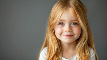 adorable young girl with long blonde hair smiling at camera cheerful child portrait studio photography