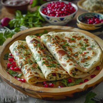 Thinly Rolled Dough, Qutab, Kutab or Gozleme with Cheese and Greens, Traditional Turkish Dish