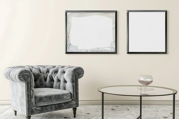 Two square frames on a cream-colored wall in a living room interior. The room features a gray velvet armchair and a round glass coffee table.
