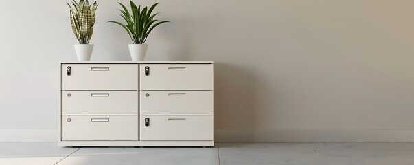 Sophisticated ivory minimalist file cabinet in a contemporary office with clean lines and lockable drawers, providing a stylish and secure storage solution"