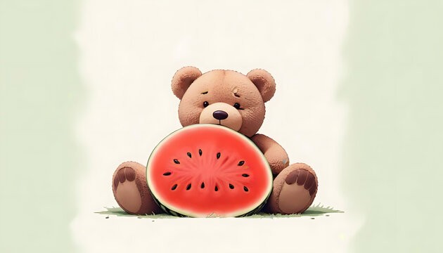 brown teddy bear eating watermelon clip art preview