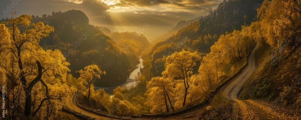 Aufkleber sunset over a serene valley with a winding river and golden autumn trees, creating a peaceful and pi
