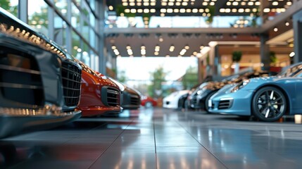 car dealership showroom with various vehicle finance options 3d rendering