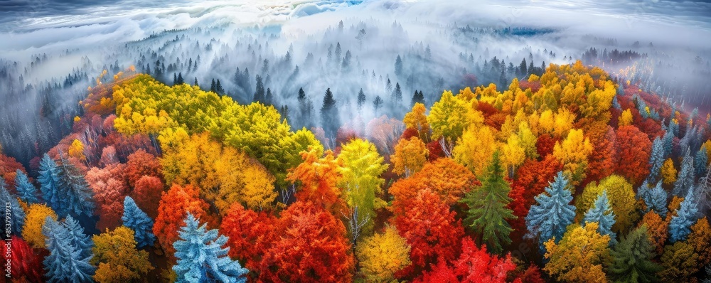 Aufkleber a breathtaking aerial view of a vibrant forest in autumn, showcasing a stunning array of colorful fo