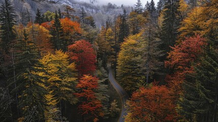 Aerial view of a winding road through a dense forest with vibrant autumn foliage, capturing the beauty of fall colors and natural scenery.