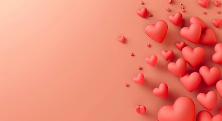 Valentine background on Peach color surface with red paper hearts and copy space