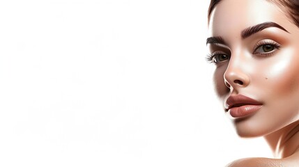 Obraz premium Portrait of beautiful tender woman with smooth clear skin isolated over white studio background Natural cosmetics Concept of natural beauty skincare cosmetology plastic surgery health : Generative AI