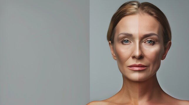 Comparative portrait of woman with smooth young face and aging wrinkled skin isolated over grey studio background Beauty treatment and lifting Before and after Process of aging and rej : Generative AI