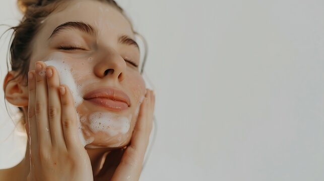 Close up portrait of beautiful woman clean her skin with cleansing gel washing face and smiling from pleasure standing over white background : Generative AI