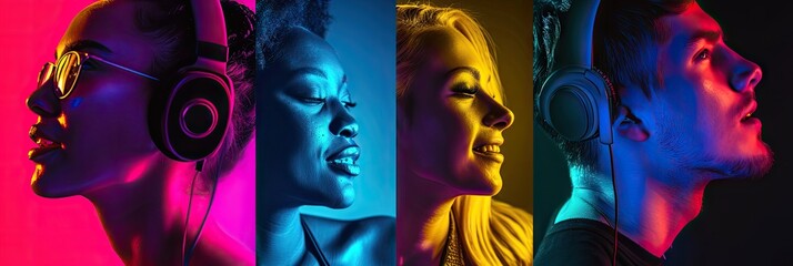 Neon Portraits, Emotional People Faces Collage, Young People Listen to Music with Headphones