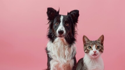 Obraz premium Cute Dog and Cat Against Pink Background, Generative AI