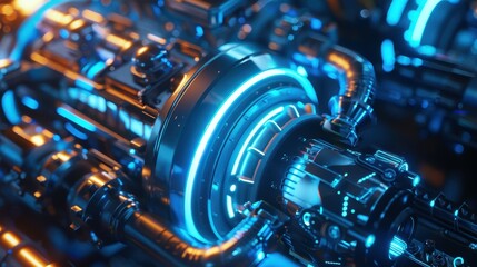 Close-up of a high-tech engine illuminated with blue neon lights, showcasing futuristic design and intricate mechanical details.