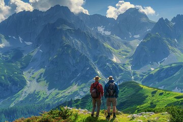 Fototapeta premium Two Tourists Look at Mountains, beautiful landscape