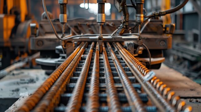 An industrial machine aligning steel rebars in a factory setting, showcasing precision and automation in the construction industry.