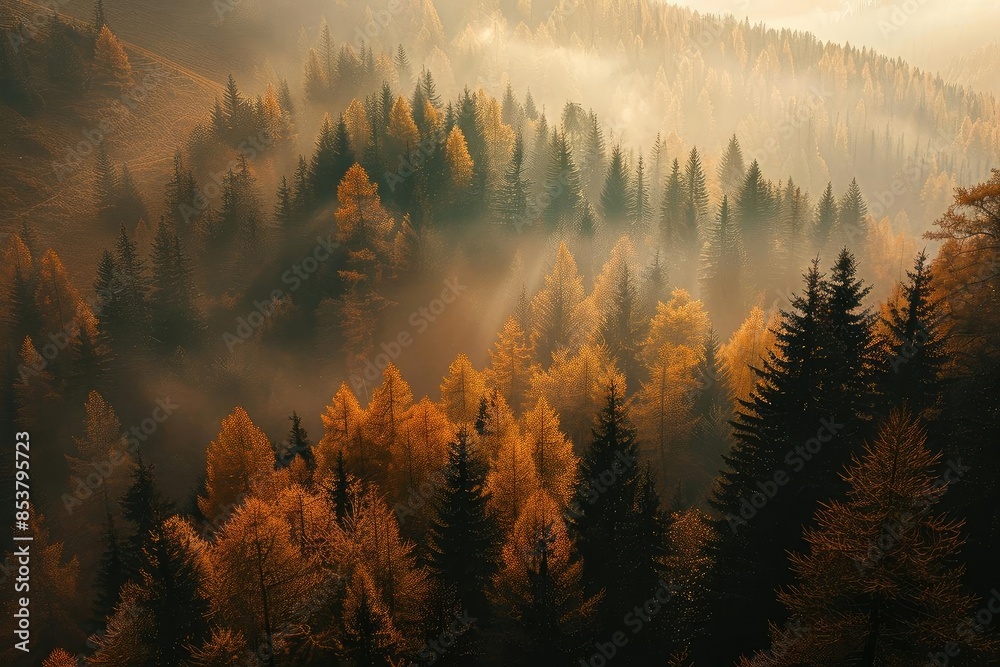 Poster breathtaking view of misty autumn forest with warm colors, captured during golden hour, creating a s