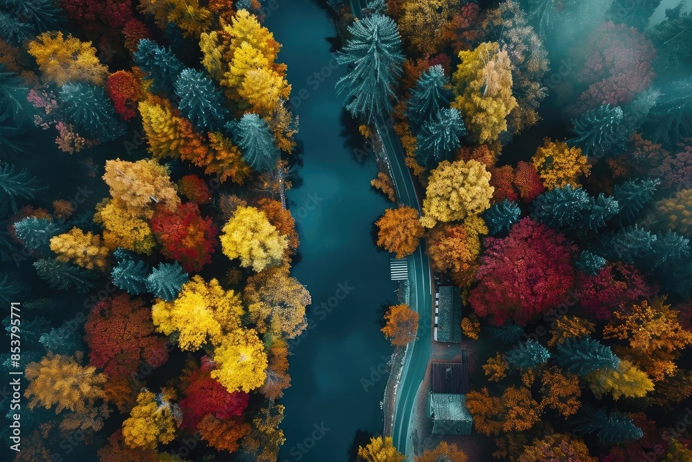 Poster aerial view of a winding road through a vibrant autumn forest with colorful foliage and a serene riv