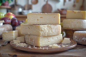 variety of cheese blocks stacked on a plate with crumbles around in a rustic kitchen with fruits in the background